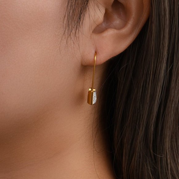 Safety Pin Lock White Zircon Dangle Earrings 18K Gold Plated Stainless - Picture 5 of 9